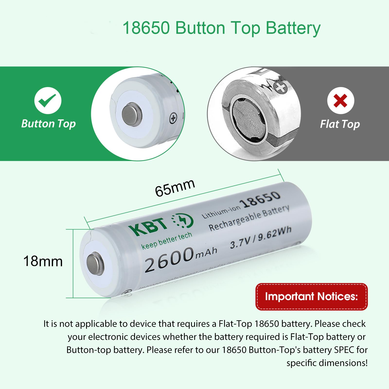 KBT 2600mAh Button Top Flashlight Batteries (4pack) - Unprotected