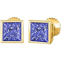Created Real 925 Sterling Silver 14K Gold Finish 1 Ct Princess Cut Tanzanite Gemstone Stud Screw Back Earrings Birthday Gift for Women's