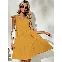 Easter Dress for Women Butterfly Sleeve Solid Smock Dress (Color : Yellow, Size : S)