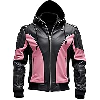 Men’s Black Pink Genuine Sheepskin Hooded Biker Rider Smooth Zip-Up Fashionable Slim Fit Leather Jacket