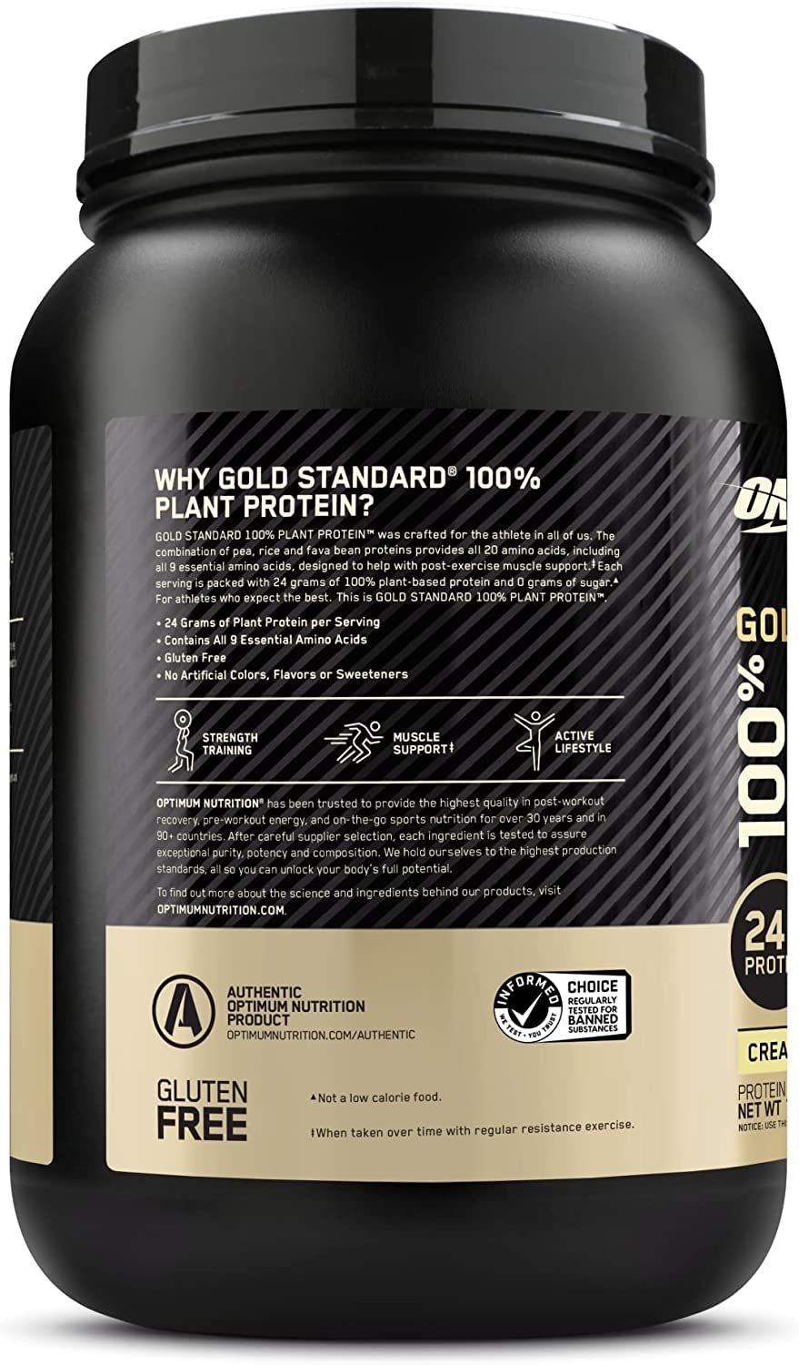 Optimum Nutrition Gold Standard 100% Plant Based Protein Powder, Gluten Free, Vegan Protein for Muscle Support and Recovery with Amino Acids - Creamy Vanilla, 20 Servings