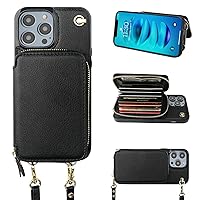 Bocasal Crossbody Wallet Case for iPhone 14 Pro, RFID Blocking Leather Purse Case with Card Holder, Protective Handbag Flip Cover with Slots Zipper Wrist Strap Lanyard for Women 5G 6.1 Inch (Black)