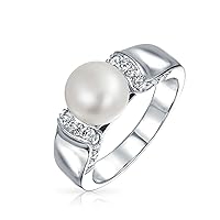 Bling Jewelry Art Deco Style Pave CZ Solitaire White Freshwater Cultured Pearl Engagement Ring For Women Silver Plated Brass