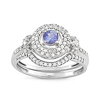 10K White Gold, 5/8 Carat Total Weight (cttw) Emerald, Tanzanite, Blue Sapphire Color Stone, Diamond Bridal Ring