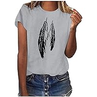 Short Sleeve T Shirts for Women Loose Fit Casual Feather Print Tops Crewneck Birthday Gift Basic Summer Tees Blouses
