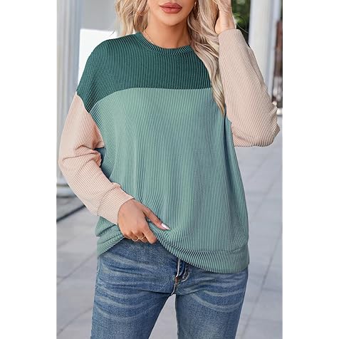 Womens Fashion 2024 Color Block Long Sleeve Crewneck Knitted Casual Loose Pullover Shirts Tops