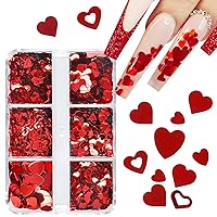 6 Grids Red Heart Nail Glitter Sequins Love Nail Decals 3D Heart Nail Art Stickers Valentines Day Nail Art Glitter Flakes Valentines Glitter Shapes Nail Charms Designs for Acrylic Nails Decorations