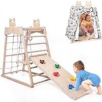 Jungle Gym Indoor (8 in 1) Wooden Indoor Playground, Toddler Wooden Climbing Toys, Montessori Playset, Gym with Slide, Climbing Net, Swing, Tent, Gymnastics Ring…