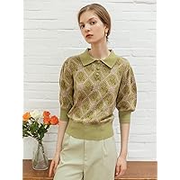 Women's Shirts Sexy for Women Floral Pattern Polo Neck Puff Sleeve Knit Top Shirts for Women (Color : Multicolor, Size : X-Small)