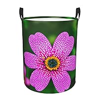 Polka Dot Pink Flower Round waterproof laundry basket,foldable storage basket,laundry Hampers with handle,suitable toy storage