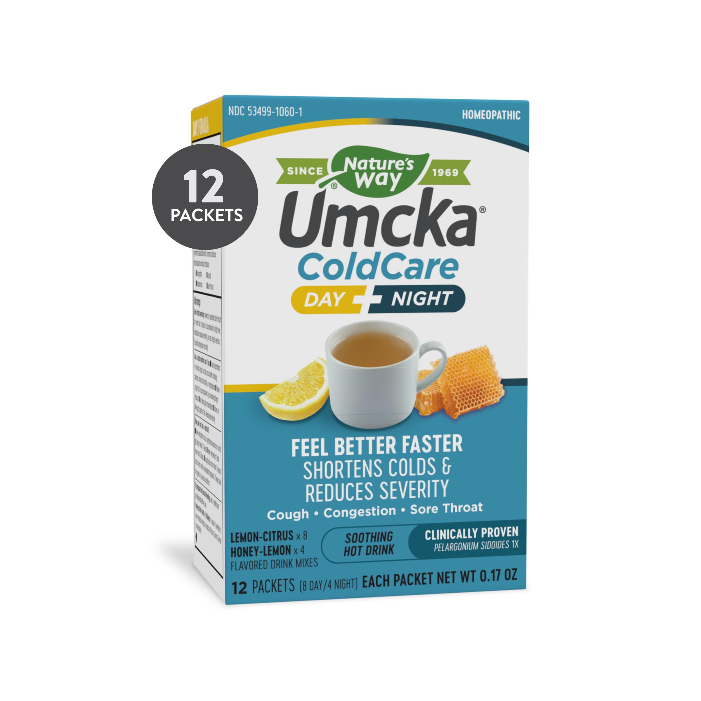 Nature's Way Umcka ColdCare Day + Night, Soothing Hot Drink Mixes, Lemon & Honey Flavors, 12 Packets