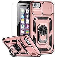 for iPhone SE (3rd and 2nd gen 2022/2020) and iPhone 8/7/6 Case with Camera Lens Cover Screen Protector, Military Grade Drop Protection Magnetic Ring Holder Kickstand Protective Phone Case (Rose Gold)