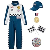 Race Car Driver Costume Boy Girl,Kid Racer Jumpsuit with Car Cap,Toddler Racing Costume Halloween with Accessories