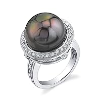The Pearl Source 18K Gold 14-15mm Round Genuine Black Tahitian South Sea Cultured Pearl & Diamond Bella Ring for Women