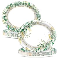 50 PCS Sage Green Eucalyptus Party Oval Paper Plates 11 Inch Large Sage Green Party Supplies, Greenery Platters Dish Tray For Holiday Bridal Shower Decorations Birthday Party Tableware Set