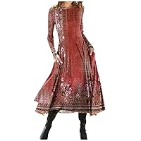 Dresses for Women Fashion Casual Printed Round Neck Pullover Slim Fitting Long Sleeve Dress
