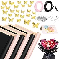 DUA MAIGA 40 Sheets Flower Wrapping Paper, Waterproof Floral Bouquet Wrapping Paper Sheets Gold Edge with Ribbons Flower Pins 3d Butterflies and Greeting Cards