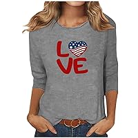 Indepenedence Day Tops for Women 3/4 Sleeve Crewneck Pullover Plus Size Tunic Patriotic Tee Heart American Flag Print Tshirt