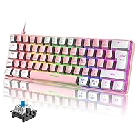 Wired 60% Gaming Mechanical Keyboard with Blue Switch, UK Layout 19 Rainbow LED Backlit Mini Portable 62 Keys Detachable USB-C Cable Full Keys Anti-Ghosting Waterproof for PC Mac - Pink & White