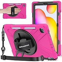 BRAECNstock Samsung Galaxy Tab S6 Lite Case 10.4 inch 2024/2022/2020 (SM-P620/P610/P615/P619) Shockproof Protective S6 Lite Tablet Kids Cover with Pen Holder Rotating Stand & Hand Strap - Rose Red