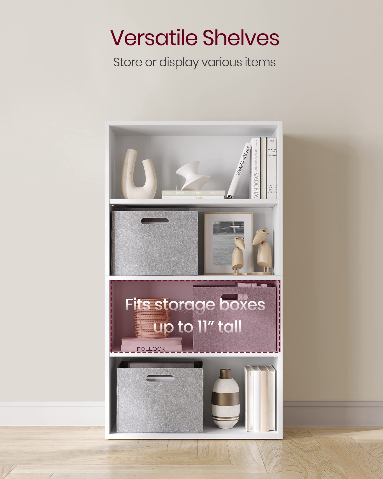 VASAGLE Bookshelf, 4-Tier Open Bookcase with Adjustable Storage Shelves, Floor Standing Unit, White ULBC164T14