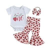 Baby Girl First Birthday Outfit Sweet One Short Sleeve Romper Strawberry Flare Pants Headband Set Summer Outfit