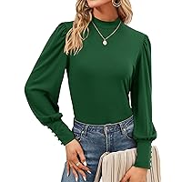 Qirno Women Mock Turtle Neck Top Puff Long Sleeve Dressy Business Casual Blouses Shirt with Button Cuffs Green XLarge