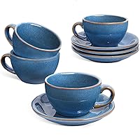LE TAUCI 6 oz Cappuccino Cups with Saucers，Ceramic Coffee Cup for Au Lait, Double shot, Latte, Cafe Mocha, Tea - Set of 4, Ceylon Blue