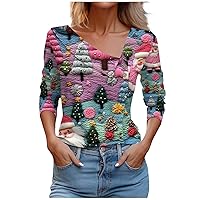Women's Long Sleeve Undershirt Fashion Casual V-Neck Lapel Button Christmas 3D Printed T Shirt Top, S-3XL