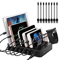 PRITEK Charging Station with 5 V/3 A Quick Charging USB Port and 5 V/2.4 A Smart Ai USB Ports, 60 W/12 A 6 Port USB Charging Station with 8 Pieces Short USB Cable, Compatible with Multiple USB Devices