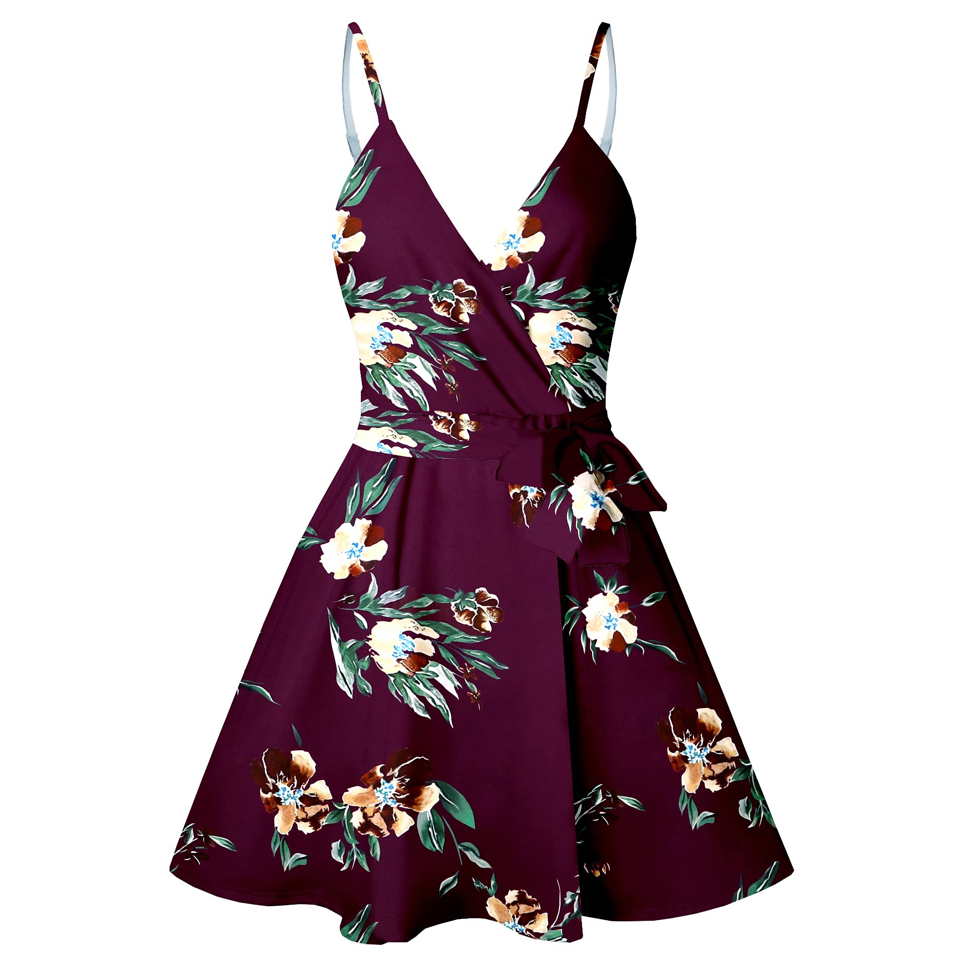 CASURESS Women Dress Summer V Neck Mini Floral Print Swing Dress Sleeveless Spaghetti Strap Skater Dresses with Belt
