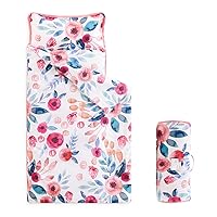 Wake In Cloud - Toddler Nap Mat with Pillow and Blanket, for Kids Boys Girls in Daycare Preschool Kindergarten, Roll Up Sleeping Bag, Floral Mauve Pink Flowers on White, Extra Long