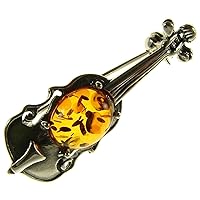 BALTIC AMBER AND STERLING SILVER 925 DESIGNER COGNAC VIOLIN MUSICAL INSTRUMENT BROOCH PIN JEWELLERY JEWELRY