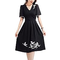 LAI MENG FIVE CATS Women's Premium Embroidered Floral Round Neck Cocktail Formal Mini Dress