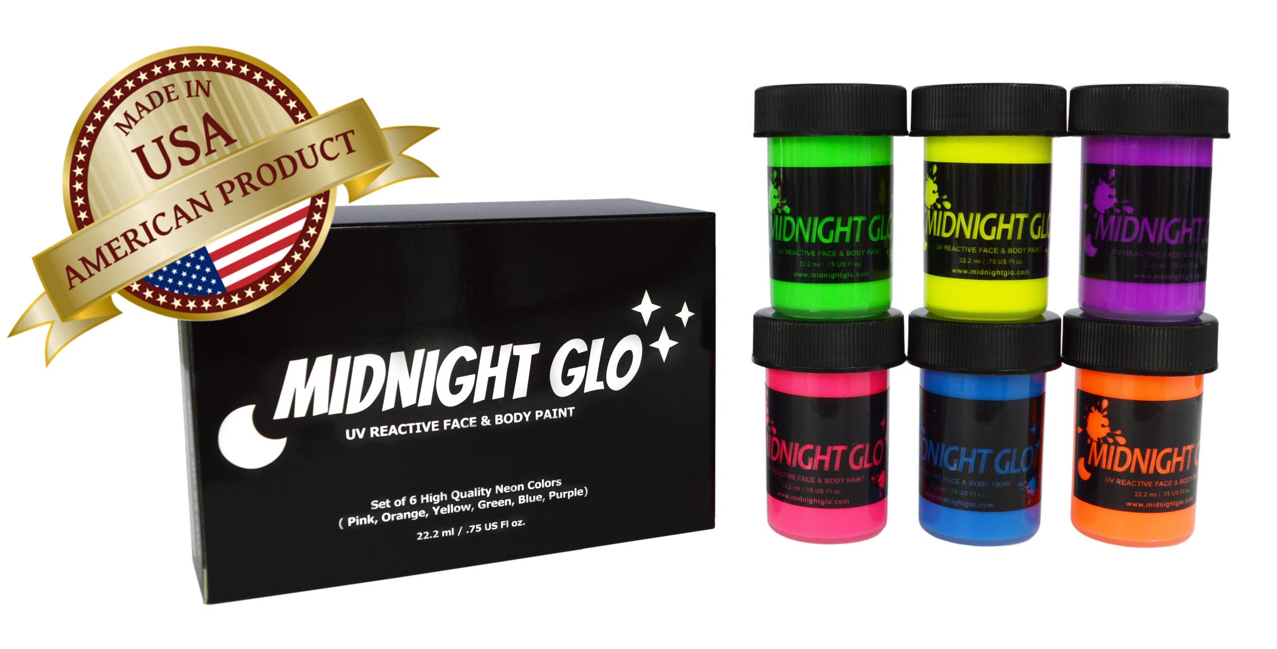Midnight Glo UV Face & Body Paint Set - Fluorescent Face Paints - Blacklight Reactive - Safe, Washable, Non-Toxic (6 Bottles 0.75 oz. Each)