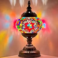 SILVERFEVER Mosaic Turkish Lamp Moroccan Glass for Table Desk Bedside Bronze Base Bundle with E12 Light Bulb-2 Sizes (Burgundy Star)