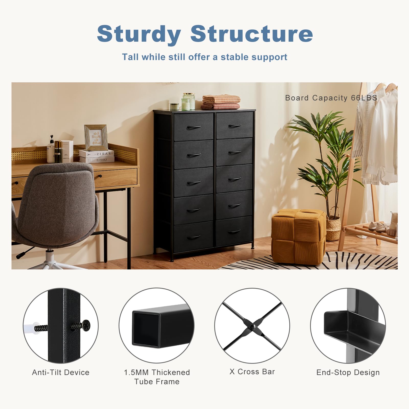 Dresser for Bedroom, Tall Storage Drawers, Fabric Storage Tower with 10 Drawers, Chest of Drawers with Fabric Bins, Sturdy Metal Frame, Wood Tabletop for Kids room, Closet, Entryway, Nursery, Black
