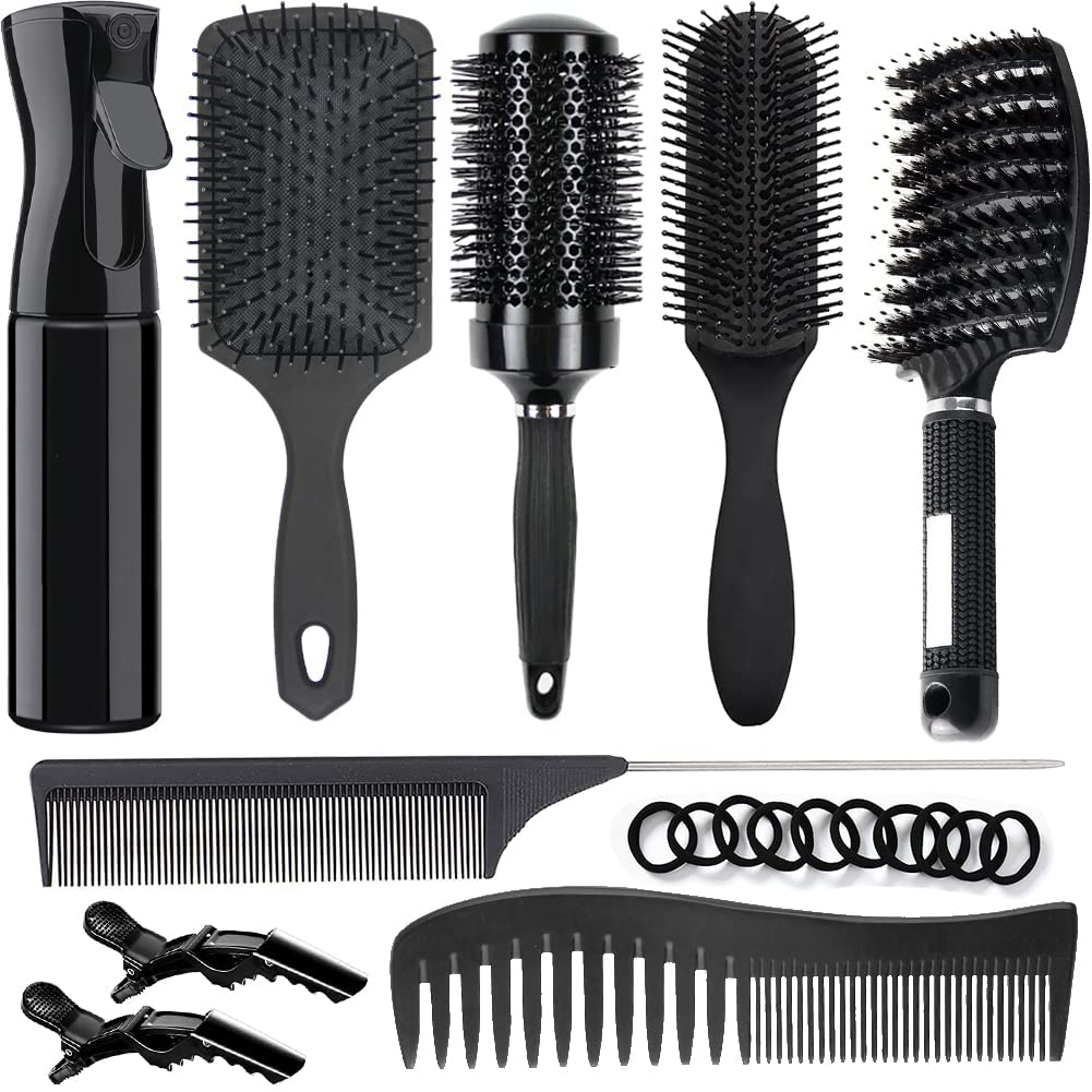 9PCS Hair Brush Set Round Brush and Paddle Hair Brush Great On Wet Long Thick Hair, Detangling Brush and Spray Bottle for Wavy Curly Hair, Meet Your Family's Daily Hair Care Needs Black