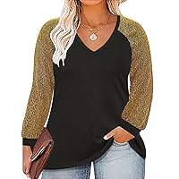 RITERA Plus Size Tops For Women Sequin Long Sleeve V Neck Fall Shirt Pullover Tunic Blouse Black 4XL