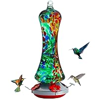 Glass Hummingbird Feeder for Outdoors: Leak Proof Hanging Hummingbirds Gifts for Women - Ant Moat & Hang Hook Included, Metal Base with 4 Feeding Ports & Perch, 20 Fluid Oz, Best Garden Decor