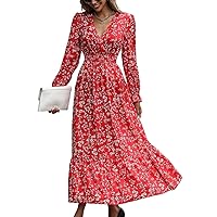Women's Dress Ditsy Floral Print Flounce Sleeve Ruffle Hem Dress Dress for Women (Color : Red, Size : Small)
