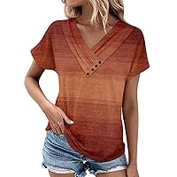 Womens Fashion Tops Trendy Y2k Tops for Women 2024 Summer Gradient Color Fashion Sparkly Button Splice with Short Sleeve V Neck Shirts Earthy Yellow XX-Large