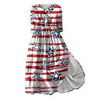 American Flag Dresses for Women Fashion Independence Day Printed Flip Collar Button Up 3/4 Sleeve Strap Dress