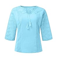 Womens Tops Dressy Casual V Neck Mesh Panel Blouse 3/4 Length Bell Sleeve Shirts Loose Blouse