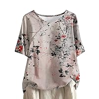 Cotton Linen Summer Tops for Women Casual Floral Short Sleeve T-Shirt Lightweight Crewneck Blouse Tee Plus Size Shirt