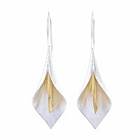 NOVICA Handmade 18k Gold Accented Drop Earrings Floral Theme .925 Sterling Silver No Stone Thailand [2 in L x 0.6 in W] 'Serene Lily'