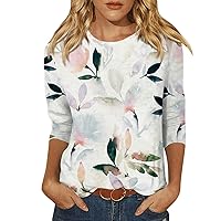 Spring Tops Womens 2024, Womens Tops 3/4 Sleeve Shirts Round Neck Loose Casual Blouses Floral Print Tshirts