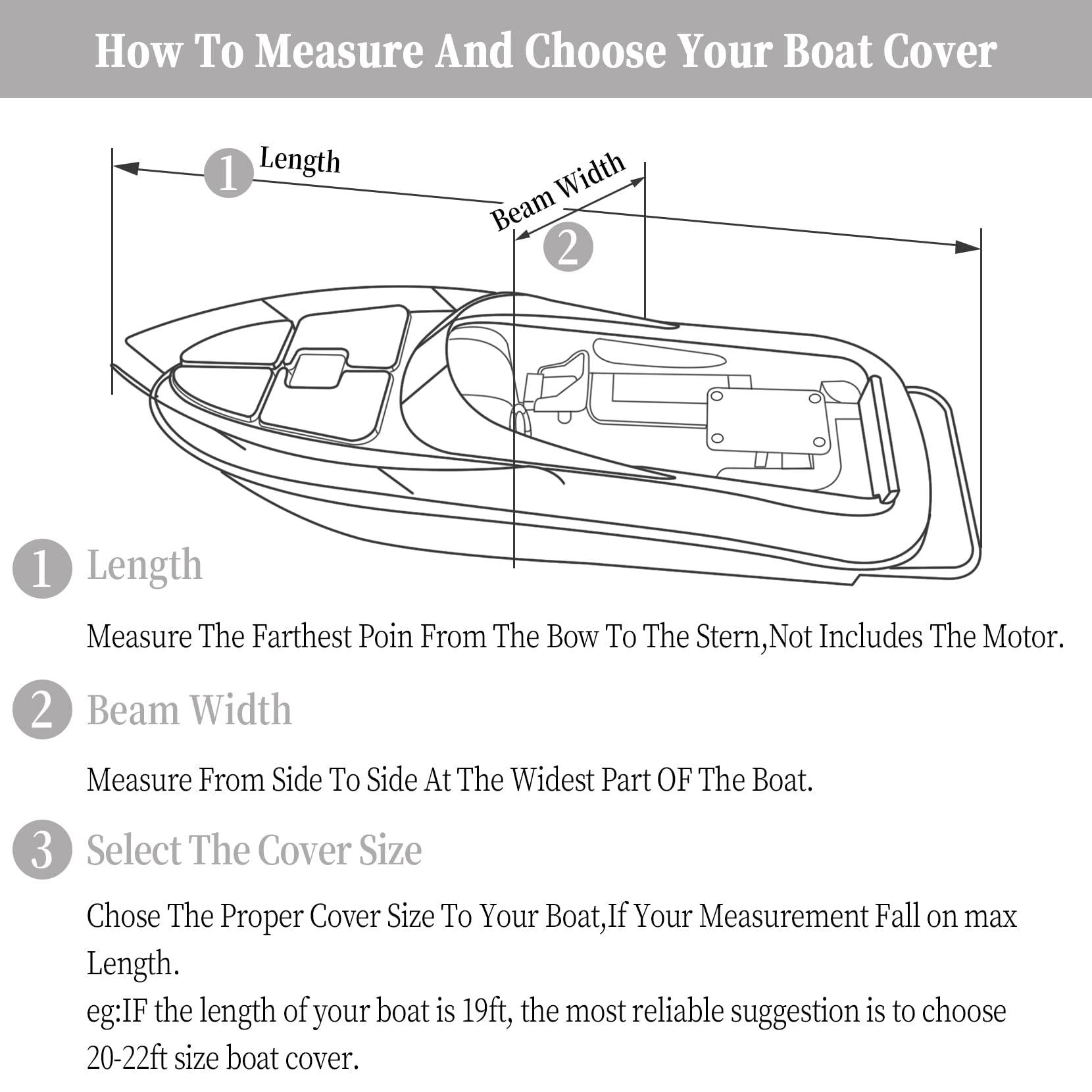 Boat Cover, MAROUTE 600D Waterproof Trailerable Marine Grade Polyster Canvas Fits V-Hull, Tri-Hull Fishing Boat, Runabout, SKi Boat, Bass Boat, up to (Length 17ft-19ft Beam Width Up to 96