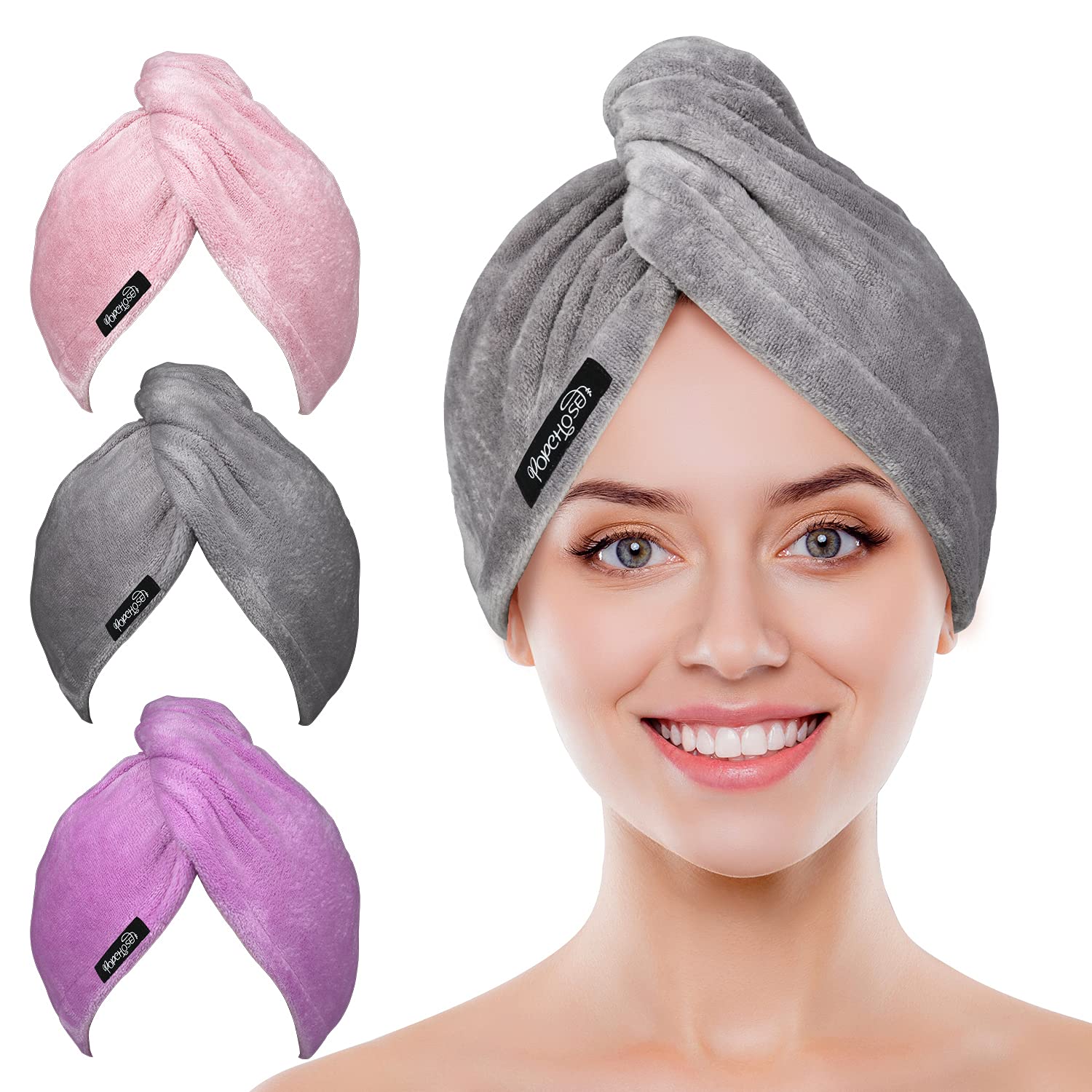 POPCHOSE Microfiber Hair Towel Wrap Ultra Absorbent, Fast Drying Hair Turban Soft, No Frizz Hair Wrap Towels for Women Wet Hair, Curly, Longer, Thicker Hair