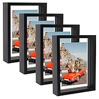 5x7 Picture Frame Set of 4, Double Glass Floating Photo Frames Display up to 7 x 9 photos for Desktop or Wall Hanging, Black